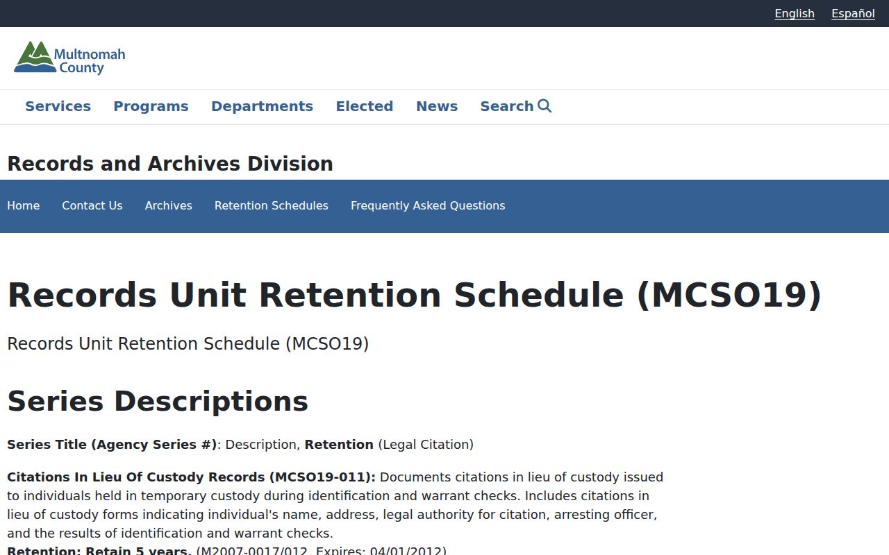 Multnomah County release record retention schedule