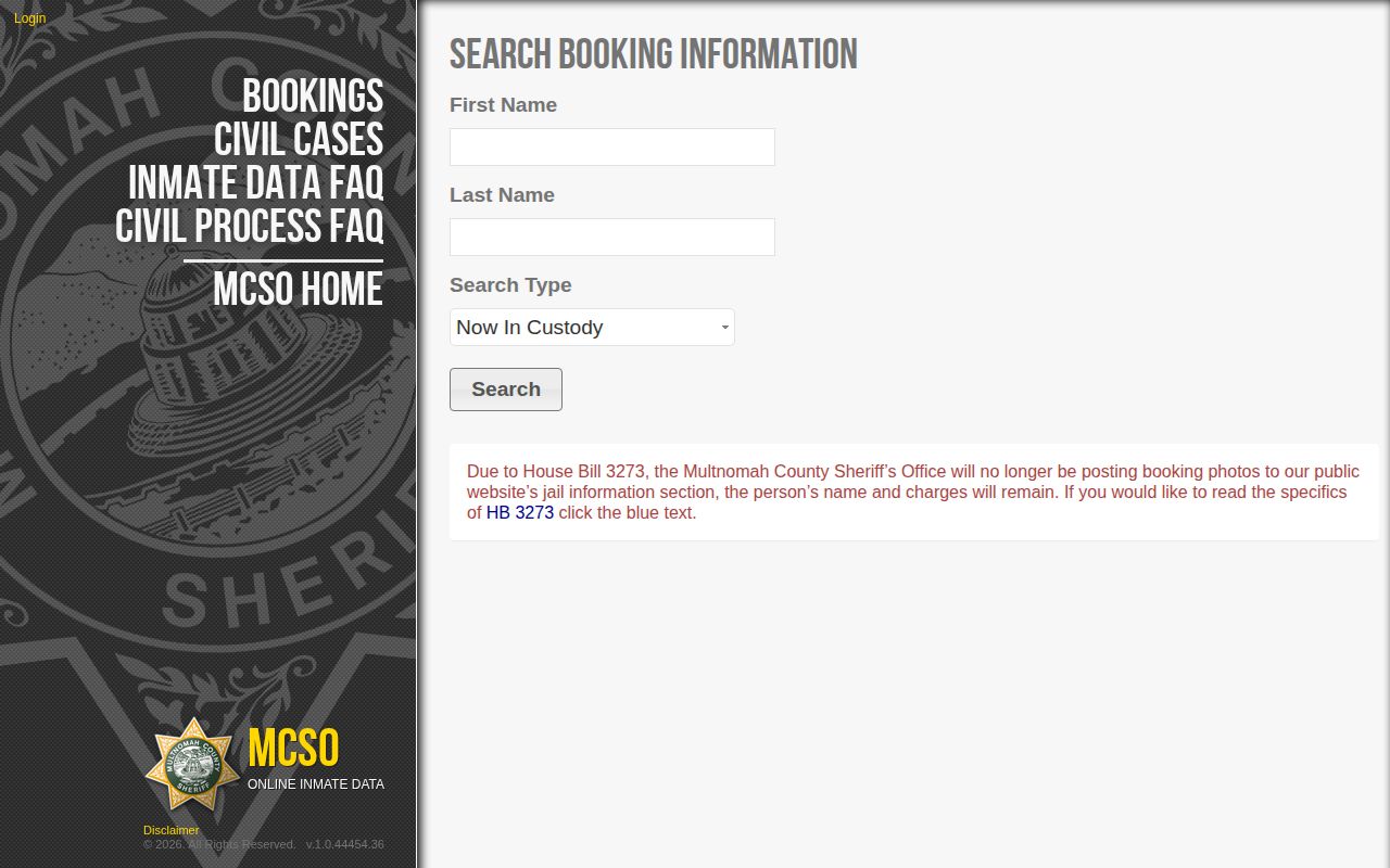 Multnomah County released inmates PAID search type menu